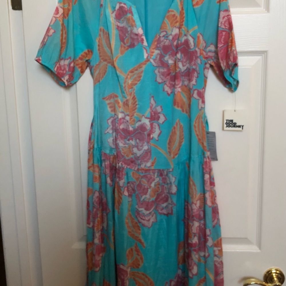 Floral Midi Dress in Blue & Fushia by The Good Journey Sz Small